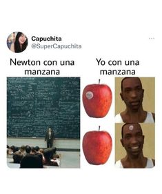 three different pictures of people in front of a blackboard with an apple on it