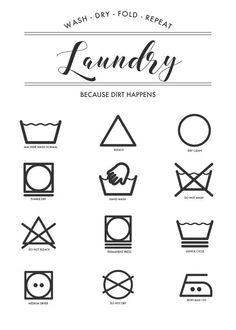 the laundry symbols are shown in black and white, including washer's names