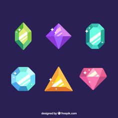 six different colored jewels on a purple background