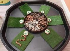 a black tray topped with green grass and rocks