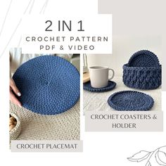 crochet coasters and placemats are shown in two different sizes