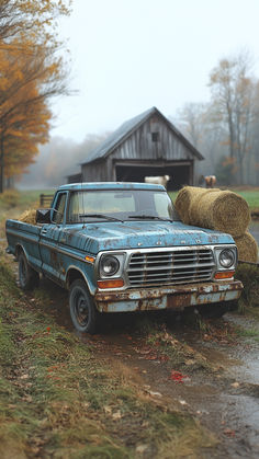 A vintage blue Ford pickup truck parked in a field with hay bales and a barn in the background. The sky is cloudy and the truck is covered in dew. Old Blue Pickup Truck, Vintage Farm Truck, Plowing Fields, 1970 Chevy Truck, Vintage Ford Trucks, Autumn Nostalgia, Old Ford Pickup Truck, Old Farm Truck, Old Trucks For Sale