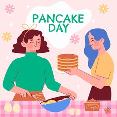 two women are serving pancakes to each other