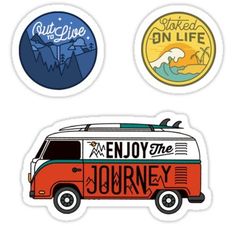 three stickers with different types of logos on them, including an orange van and the words enjoy the journey