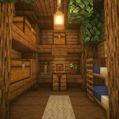 a minecraft bedroom with wooden walls and flooring