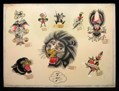 an old school tattoo design with lions and other tattoos