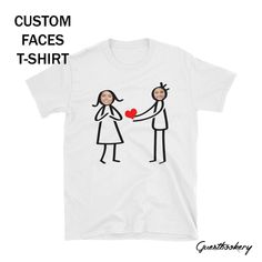 Faces T-shirt - Valentine's T-shirt - Valentine - Custom Face - Selfie T-shirt - Funny T-shirt - Custom T-shirt - Funny Gift - Personalized Simply the funniest gift you can give your valentines. STEPS TO ORDER - 1. PLACE YOUR ORDER (no need to ask for customization) 2. Upload the image you want, make sure it's high quality! Please have the picture of the person facing forward and have it be high resolution. 3. We will design your item and send you the proof for approval, we will NOT print withou Novelty Cotton T-shirt With Custom Print, Custom Print Cotton T-shirt, Novelty Style, Custom Print Cotton Novelty T-shirt, Custom Print Cotton T-shirt In Novelty Style, Custom Print Cotton T-shirt, Funny Short Sleeve Shirt With Custom Print, Funny Custom Print Short Sleeve Shirt, Funny Graphic Print Tops As Gift, Unisex Customizable White T-shirt