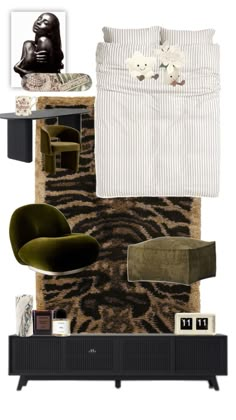 a bedroom with zebra print rug, chair and bedding on it's side