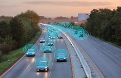 many cars are traveling down the highway with blue circles above them that indicate they're connected to wifi