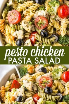 pasta salad with chicken, tomatoes, olives and broccoli in a white bowl