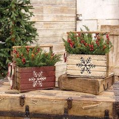 two wooden boxes with plants in them on top of a table next to a christmas tree