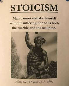 a sign with an image of a man holding a tennis ball in his right hand and the words stoicism above it