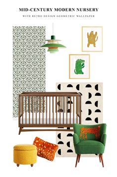 the mid century modern nursery with retro design geometric wallpaper