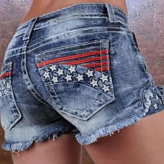 Summer Is Here! Super Cute Patriotic Distressed Denim Shorts With Stars And Stripes Stitching Detail On Back Pockets. Wear Them With One Of My Coordinating Tops Or Keep It Chic With A Simple White Tee. You Can't Go Wrong With These. They Will Keep You Comfortable All Summer. Nwot, Unbranded. Ready To Ship! I Can Ship The Same Day When You Order By Noon Cst. I've Got Lots Of Summer Gear Listed So Take A Peek In My Closet To See What Else You Need. 25% Discount When You Buy 3+ Items! Denim Decor, Ripped Denim Shorts, Shorts Womens, Styl Boho, Trouser Style, Stars And Stripes, Ripped Denim, Denim Shorts Women, Distressed Denim Shorts