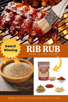 A rack of ribs on a grill covered in BBQ sauce. A small wooden bowl full of rib rub. Spices on a white background including maple sugar, paprika, garlic powder, and onion powder. Spicy Seasoning