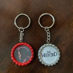 two bottle caps with the words the weeknd on them