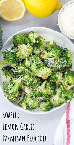 roasted lemon garlic parmesan broccoli in a white bowl