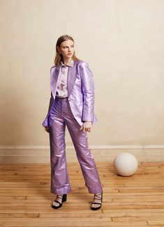 This jacket is beautifully handcrafted in Metallic fabric. It is Best paired with Lilac Metallic pants for a formal look. Chic Silk Suit For Fall, Glamorous Fitted Pantsuit For Fall, Luxury Evening Pantsuit For Fall, Tailored Lapel Collar Pantsuit For Party, Chic Fall Silk Suit, Spring Silk Formal Pantsuit, Spring Evening Suits With Lapel Collar, Silk Blazer With Lapel Collar For Parties, Party Silk Outerwear With Suit Collar