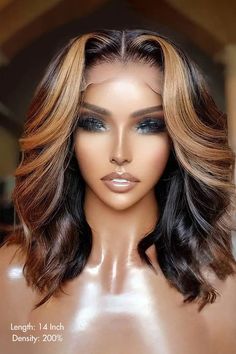 The most beautiful thing you can wear is confidence. Certainly, our glueless HD lace wigs equal confidence. Product Details: Hair No. PB12 Hair Type 100% Brazilian virgin hair Hair Color Brown with Blond Color Hair Density 150%, 200% Cap Size Medium(22.5''), others can be customized, please note in the order YG HD Swiss Lace Wigs: HD Swiss Lace wigs are a high-end and new type of lace wigs suitable for all skin tones. They have multiple elastic adjustments and are very comfortable glueless wigs. Blonde Highlights Bob, Brown With Blonde Highlights, Color Rubio, Natural Looking Wigs, Bob Lace Front Wigs, Natural Human Hair, Looks Black, Brown Hair Colors