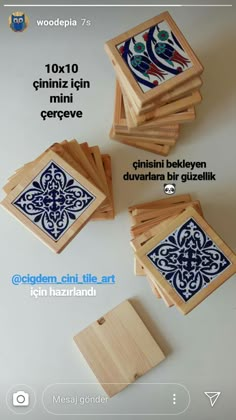 the instructions for making wooden coasters with blue and white designs on them are shown