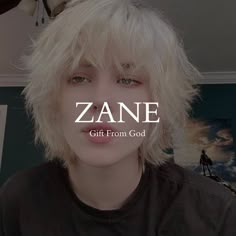 a person with blonde hair and blue eyes has the words zane on their face