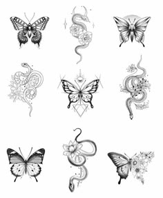 the different butterflies are drawn in black and white, including one with an intricate design on it