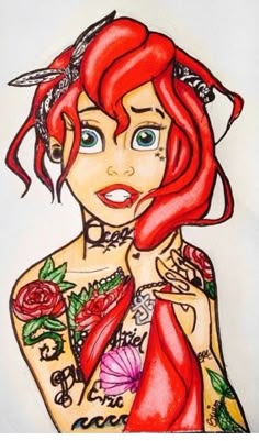 a drawing of a woman with red hair and tattoos on her chest, holding a rose