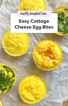 some yellow and green cupcakes on top of white paper with the words easy cottage cheese egg bites