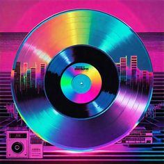 an old record player with a rainbow colored disc