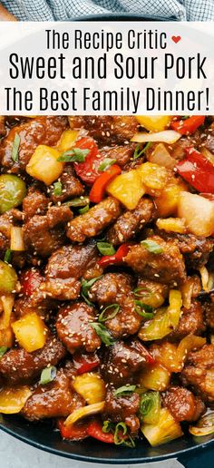 the recipe for sweet and sour pork is in a skillet with pineapples