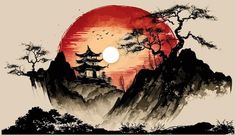 Chinese Nature Painting, Chinese House Painting, Chinese Scenery Painting, Traditional Chinese Painting Landscapes, Japan Landscape Art, Japanese Ink Painting Landscape, Ancient Chinese Art Painting, Japan Background Landscape, Cute Wallpapers Landscape