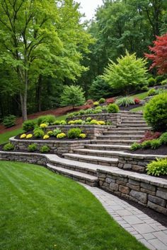 an outdoor garden with stone steps and landscaping