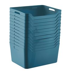 a stack of blue plastic containers on a white background