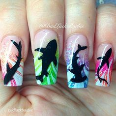 Neon Designs Nails, Shark Nail Art, Ocean Nails, Tropical Nails, Animal Nails, Art Summer, Shark Week, Cute Nail Art