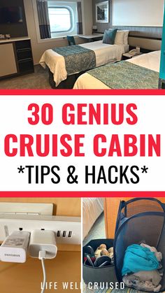 the inside of a cruise ship with text overlay reading 30 genius cruise cabin tips and hacks