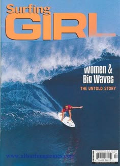 the cover of surfing girl magazine features a woman on a surfboard riding a wave