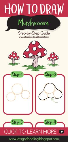 the step by step guide to learn how to draw mushrooms with this free printable activity