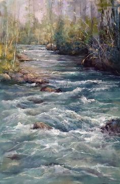 a painting of a river in the woods