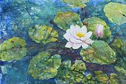 a painting of water lilies and green leaves