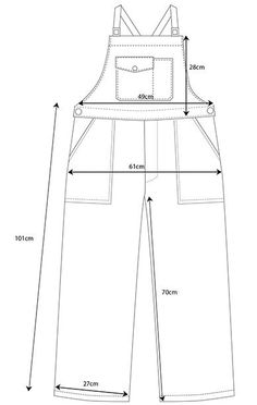 the measurements for an overall style pants with straps and pockets on each side, showing how to