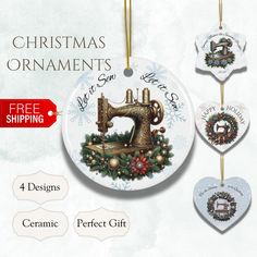 a christmas ornament with sewing machine on it and other ornaments hanging from the front