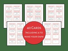 four cards with the words 40 cards including 4 to make your own in red and green