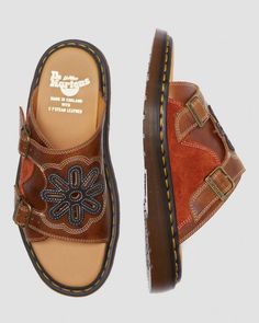 Dayne Made in England Leather & Suede Applique Slides in Conker Brown | Dr. Martens Brown Dr Martens, Dr Shoes, Shoe Inspo, Swag Shoes, Pretty Shoes, Dream Shoes