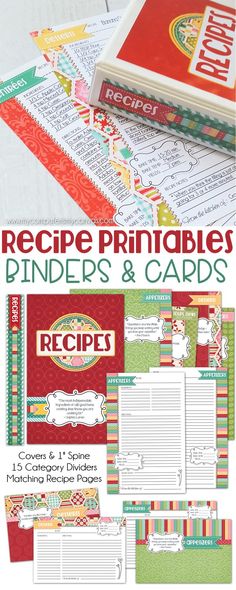 the recipe binder and cards are shown with text that reads, recipe printables,