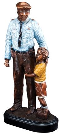 Our Policeman Rescuing Child Statue is mounted on a black base with a plate for personalized engravings. RFB104 measures 12.5" x 4.5" and weights 4.25 pounds. Street Hockey, Skee Ball, Album Frames, Police Uniforms, School Lunch Box, Small Boy, Resin Sculpture, Garden Statue, Hole In One