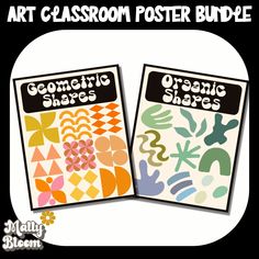 two posters with geometric shapes on them and the words art classroom poster bundle written below