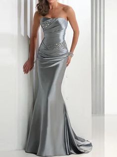 Sheath / Column Elegant Wedding Guest Formal Evening Dress One Shoulder Sleeveless Floor Length Satin with Pleats Crystals Draping 2021 2021 - US $146.99 Silver Grey Bridesmaid Dresses, Dresses Silver, Grey Wedding Dress, Prom Dress With Train, Floor Length Prom Dresses, Satin Evening Dresses, Party Dresses Online, Satin Bridesmaid Dresses