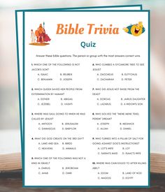 the bible trivia quiz is open on top of a table with an open book