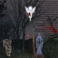 a ghostly figure standing next to a cemetery at night with an angel on it's back