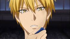 an anime character with blonde hair and blue eyes looks at the camera while holding his hand to his chin